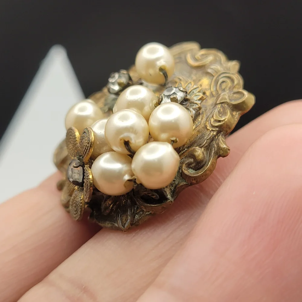 Vintage Art Nouveau Brass Faux Cluster Pearl Sterling Clip-On Earrings *AS-IS* - Picture 5 of 15